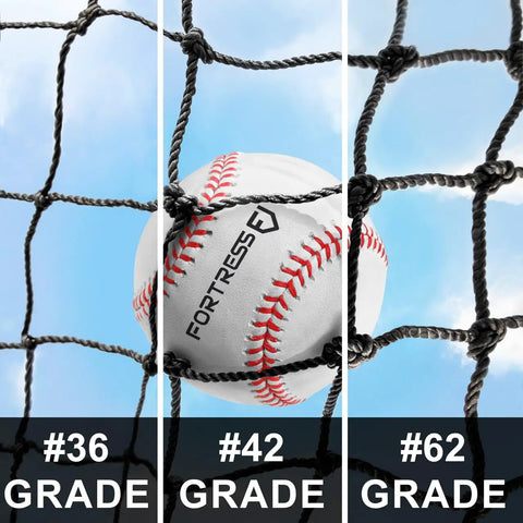Heavy Duty Batting Cage Netting, Fully Enclosed Baseball And Softball Cage Net, Weatherproof HDPP Twine With UV Stabilization shown with baseball caught in net, demonstrating different grades