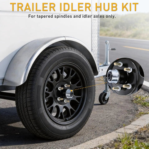 Sweet Heavy Duty 2 Pack Boat Trailer Idler Hub Kit 3500 Lbs showing black idler hub on tire, designed for tapered axles.