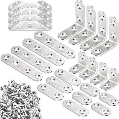 24 Pcs Corner And Flat Bracket Set Stainless Steel L Brackets For Wood Repair With Screws Rust Resistant Mending Plates