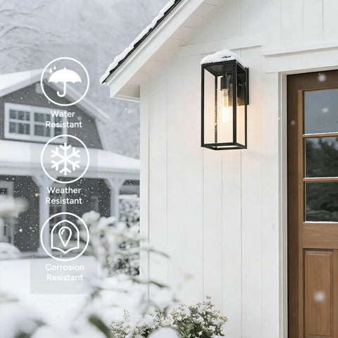 Outdoor Wall Sconce Lights 15 Inch Exterior Lantern With Clear Glass In Black for porch in snowy weather, side view