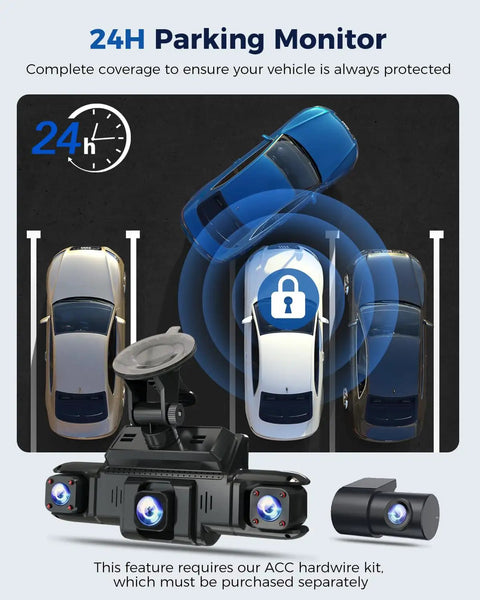 360 Degree Quad Channel Dash Cam System with cars in parking, highlighting 24-hour monitoring feature.