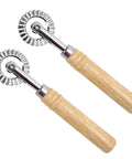 Two-piece set of 16 cm zinc-alloy fluted pizza cutter wheels with long wooden handles.