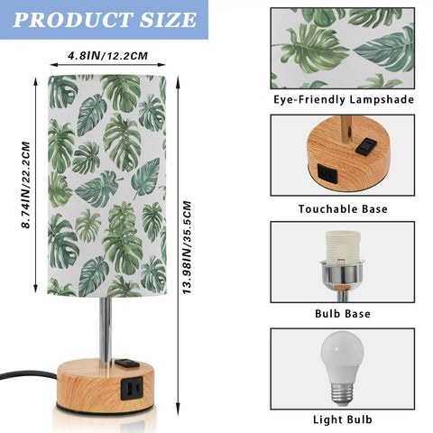 Palm Leaves Watercolor Bedside Table Lamp With 3-Way Dimming And Touch Control, Built-In Charging Station For Bedroom Or Office