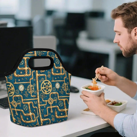 Steampunk Gear Lunch Bag For Women And Men Portable Insulated Waterproof Reusable Lunch Box on desk in office setting