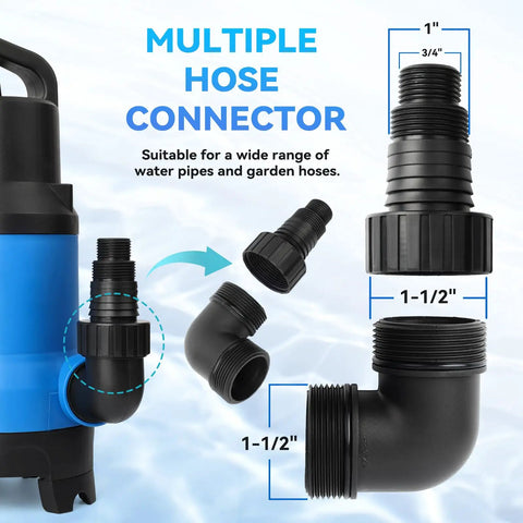 No Stress Heavy Duty 1.5HP Submersible Sump Pump Multiple Hose Connector for water pipes and garden hoses.