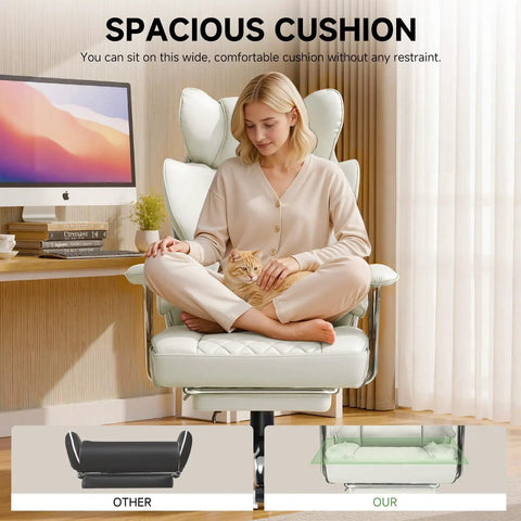 Person sitting in a Big And Tall Office Chair With High Back Leather Retractable Footrest And Ergonomic 3D Lumbar Support with cat.