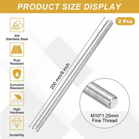 Heavy Duty Fully Threaded Rods M10 X 8 Inch 304 Stainless Steel Studs with fine thread displayed for size reference.