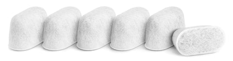Premium Charcoal Water Filter Replacement For Espresso Machines Compatible With Barista Express Infuser And Pro Models six white filter cartridges arranged.