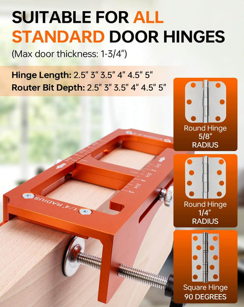 Heavy Duty Door Hinge Jig And Lock Installation Kit With Anodized Aluminum Router Template for 3-5 inch hinges displayed in use.