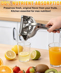 Nisuez Heavy Duty Manual Fruit Juicer Press For Lemons Limes Oranges extracting juice into glasses with fruits on wooden counter.