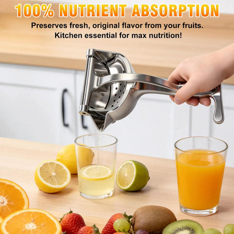 Nisuez Heavy Duty Manual Fruit Juicer Press For Lemons Limes Oranges extracting juice into glasses with fruits on wooden counter.