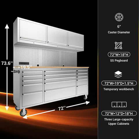 72 Inch Rolling Tool Chest Cabinet With 15 Drawers On Wheels Mobile Workbench Stainless Steel Pegboard Four Power Outlets