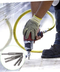 Person using power tool with Bolt Extractor Set 5 Pieces Tap Extractors For Steel Damaged Screws And Stripped Fasteners Remover