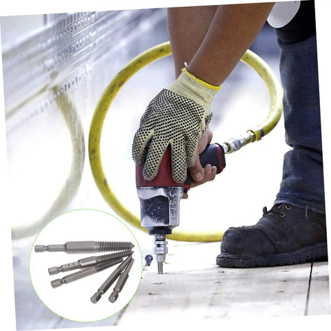 Person using power tool with Bolt Extractor Set 5 Pieces Tap Extractors For Steel Damaged Screws And Stripped Fasteners Remover