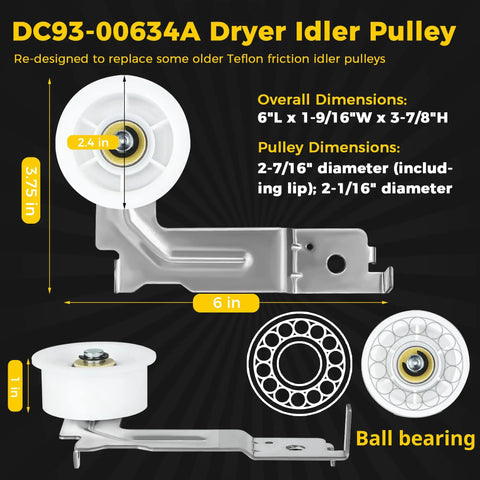 Upgraded Dryer Repair Kit With Roller, Idler Pulley And Belt For Samsung Dryers DV42H5000EW A3 And Similar Models idler pulley dimensions