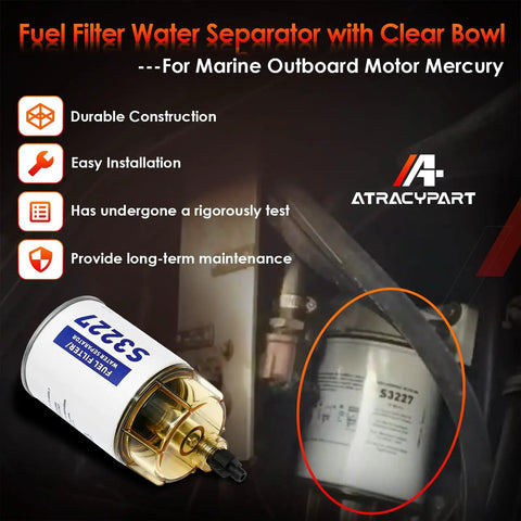 Marine Outboard Fuel Filter Water Separator With Clear Bowl Assembly 10 Micron for Outboard Motors, close-up view