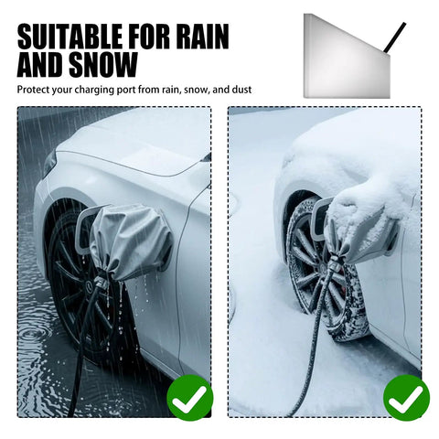 Universal Magnetic EV Charger Port Cover For Outdoor All Weather Dust Rain Snow Protection Waterproof Seal on car in rain and snow.