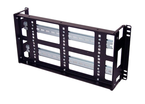 5U Rackmount DIN Rail Panel with 3.78 Inch Low Profile Depth, made of 14 gauge steel, featuring removable DIN rail and adjustable height.