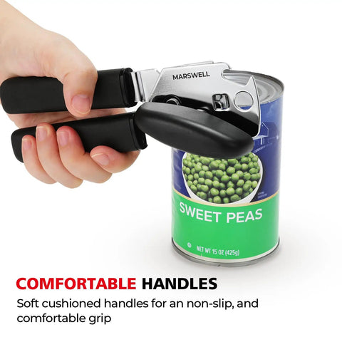Easy Turn Manual Can Opener With Comfy Grip From Marswell in use opening a can of peas with ergonomic handles on display.