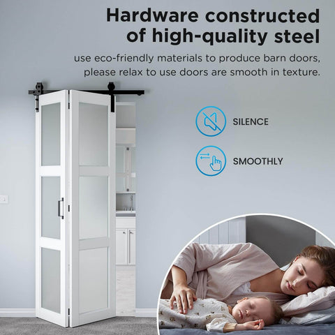 No Fuss Space Saver 30 By 84 Inch Bifold Sliding Barn Door With Hardware Kit Included, Preassembled Glass Barn Door In White Finish