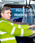 Man driving wearing Six Pack XL High Visibility Reflective Long Sleeve Safety Shirt In Yellow Breathable Unisex Work Gear