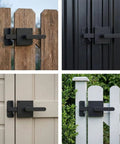 Rock Solid Heavy Duty Double Sided Gate Latch With Handles Black Aluminum Fence Lock for backyard wood gates in various colors.