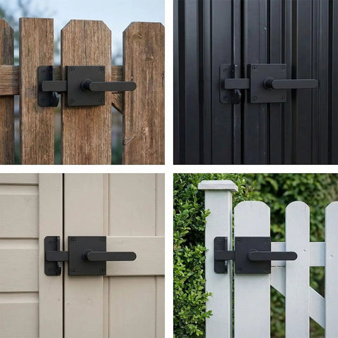 Rock Solid Heavy Duty Double Sided Gate Latch With Handles Black Aluminum Fence Lock for backyard wood gates in various colors.