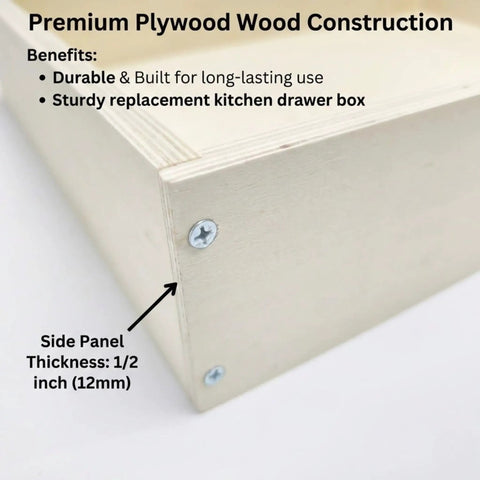 Hassle Free Replacement Kitchen Drawer Box Fourteen By Nineteen Inches Built Tough Plywood close-up of side panel with screws.