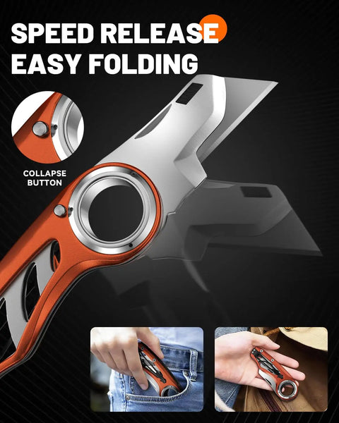 Close-up of Badass Folding Utility Knife With Secure Finger Loop And Quick Swap Razor Blades for easy folding and storage.