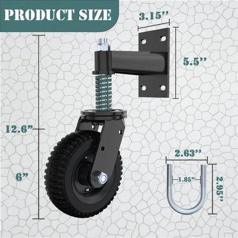 Heavy Duty 6 Inch Gate Wheels 2 Pack With Spring Loaded Shock Absorption Runs Wild On Smooth Tracks Over Grass And Gravel Kills Gate Dragging Dead size diagram showing 6 inch wheel dimensions and mounting details.