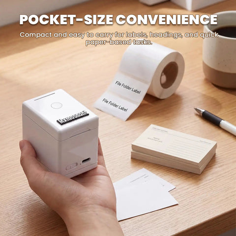 Straight To Point Color Handheld Printer For Paper And Cardstock With Guided Edge Ruler Makes No Stress Diy Craft Labels Fast Homework Signs And Total Organization Wins on a wooden desk with labels.