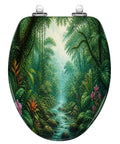 Elongated Tropical Rainforest Stream Waterfall Vibrant Plants Toilet Seat with detailed tropical artwork in rich greens and florals.