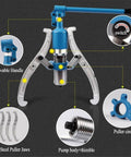 Heavy Duty 5 Through 20 Ton Hydraulic Gear Puller Kit Wheel Bearing Separator 3 Jaw Design Vertical Horizontal With Case For Mechanics And DIY Guys Wanting A Badass Tool To Knock Out Rusty Stuck Stuff Strong Steel Built To Last For Tough Garage Jobs. 3-jaw hydraulic puller with steel jaws and pump body