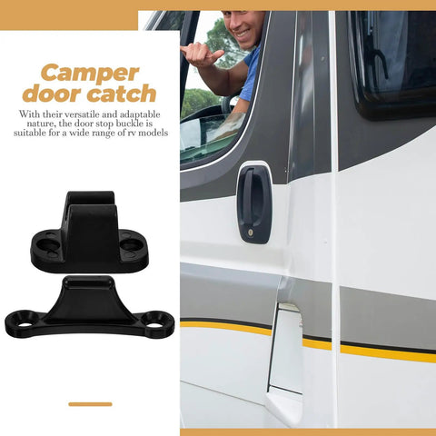 Slick Nylon Trailer Latch Kit For Rv Camper With T-Shaped Hook, Secure Door Catch Retainer, Durable Vinyl Caravan Holders. Black door catch on RV.