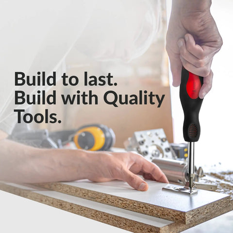 Hand using Six In One Screwdriver Set Grab And Go with Non Slip Grip for multipurpose use on wooden panel.
