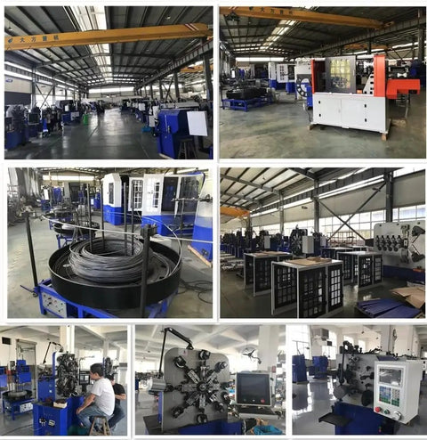 Heavy Duty Six Axis Cnc Spring Machine Delivering Straight Up Reliable Wire Forming Power For Premium Torsion Compression And Extension Springs In Stainless Steel Automotive And Mattress Fabrication Shops, workspace view showcasing multiple machines.