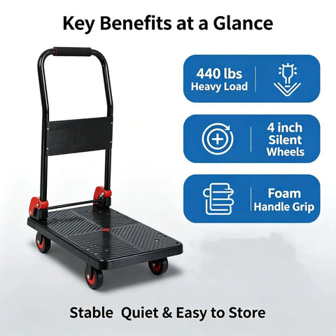 Heavy Duty Folding Platform Hand Truck With Foldable Handle, Flatbed Dolly Cart With Silent Wheels, Workhorse Portable Moving Trolley For Warehouse, Office, Home And Luggage, Easy Storage, 73 By 47, black flatbed with 4 red wheels and foam grip