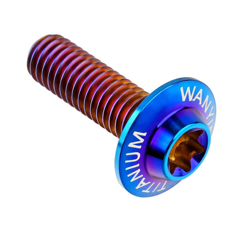 High Performance Grade Five Titanium Torx Bolts And Dished Head Screws In Bold Burnt Blue Finish M5 And M6 Sizes With M6 By 20 Millimeter Spec For Street Legal Builds, close-up of burnt blue M6x20mm titanium bolt.