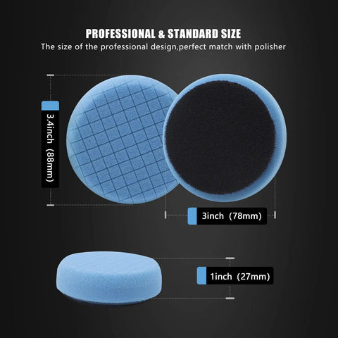 Drill Polishing Pads Kit Pro Grade With 20 Pcs 3 Inch Foam Buffing Pads And Wool Pads Backing Plate For Car Polisher Polishing Buffing And Cutting Multifunction Cleaning Brush, showing dimensions of blue foam pad.