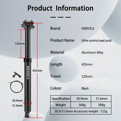 Image showing product details of 125mm dropper seat post for mountain bike, 30.9mm/31.6mm aluminum body, internal cable kit.