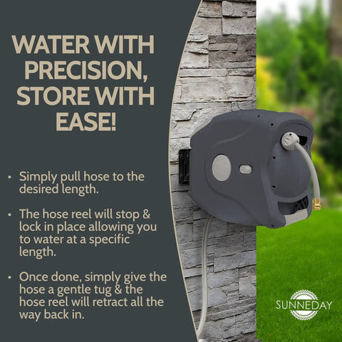 100 Ft Retractable Hose Reel With Wall Mount, Auto Rewind, Slow Rewind Tech, mounted on stone wall, charcoal finish