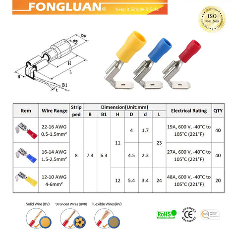 Diagram and specifications of Piggyback Spade Connectors Kit 100 Pcs 24 To 10 Gauge Quick Disconnects One Quarter Inch Female And Male Crimp Terminals