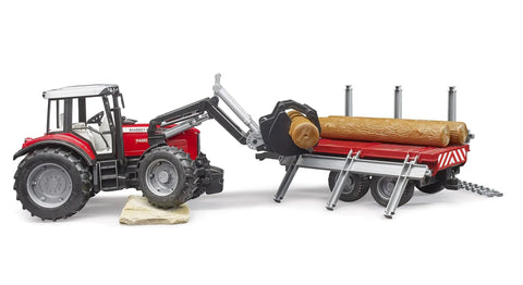 Massey Ferguson 7480 Tractor With Detachable Front Loader And Timber Trailer Set showcasing off road ability with tree trunks.