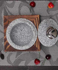 Heavy Duty Granite Stone Bowl With Wood Base And Lid For Korean Cuisine, 7 Inch Diameter, top view with lid beside