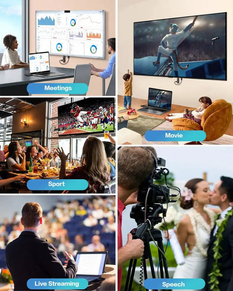Various uses for Wireless HDMI Transmitter And Receiver For Laptop To TV Or Monitor Or Projector in meetings, sports, and events.