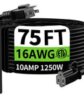 Outdoor Extension Cord 75 Ft Waterproof SJTW 16 AWG 3-Conductor Black Heavy Duty Yard-Ready 3 Prong 10A 1250W Flexible