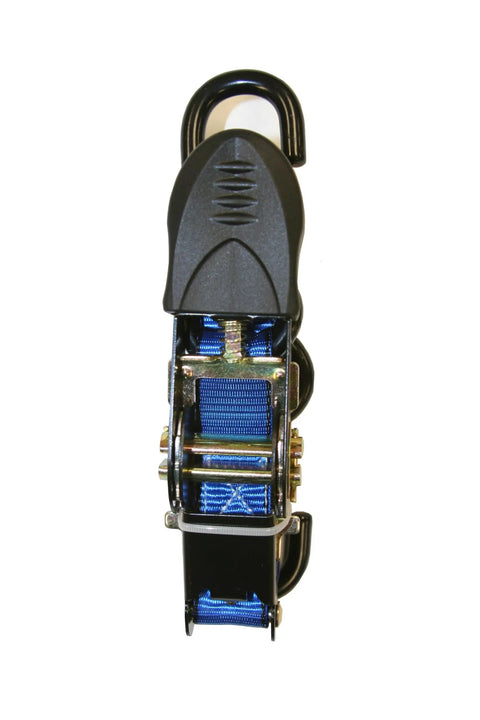 Heavy Duty 6 Pack Ratchet Straps Tie Down Haulers 1 Inch X 12 Foot With S Hooks showing tightly wound strap with hook.