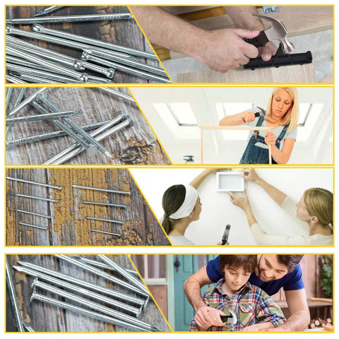 Heavy Duty 700 Piece Nails Set With 8oz Hammer For Hanging Wall Art And Picture Frames shown with users in various tasks.