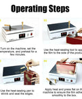 Operating steps for Desktop Cellophane Wrapping Machine With Large HeatingPlate for Tea Box Packaging, showing heat sealing process.