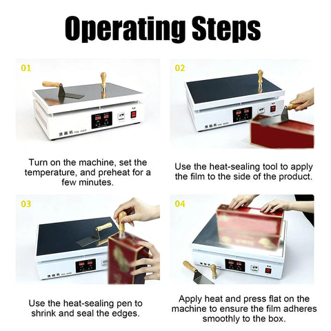 Operating steps for Desktop Cellophane Wrapping Machine With Large HeatingPlate for Tea Box Packaging, showing heat sealing process.